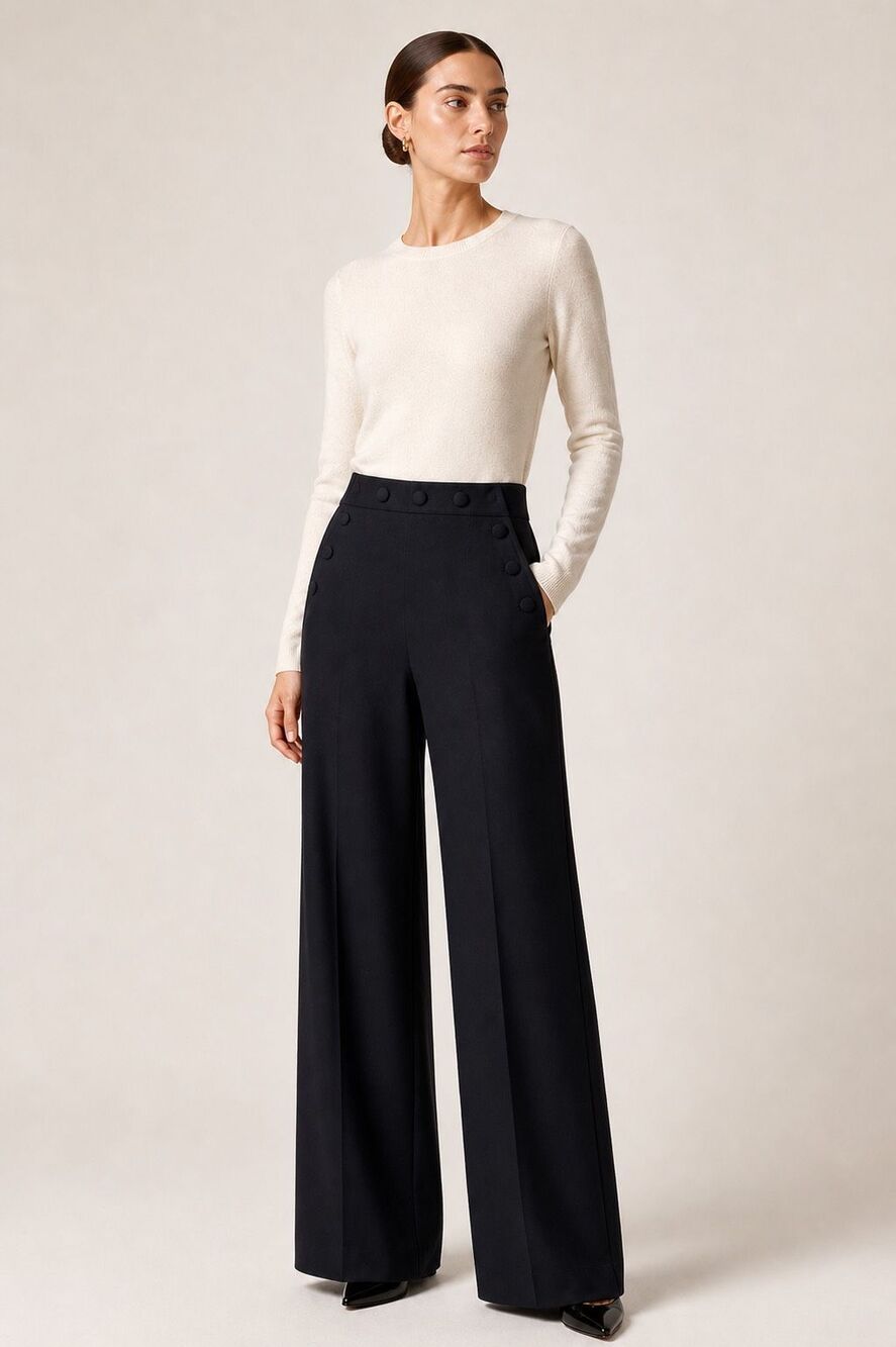 Tory Burch Black Wide Leg Sailor Pants High Waist Button Detail Quiet Luxury, Sz